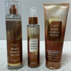 Bath & Body Works "Warm Vanilla Sugar" Body Creme, Frag. Mist & Diamond Shimmer